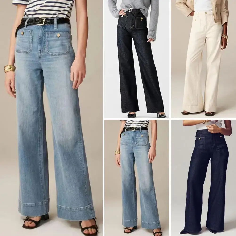 Pantalones vaqueros desgastados de cintura alta para mujer, Jeans elegantes con pierna ancha, ajuste elástico, bolsillos convenientes para viajar