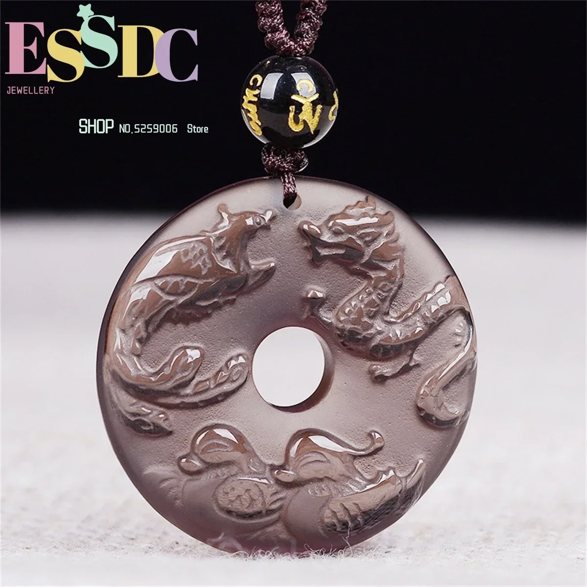 Chinese Natural Ice Obsidian Dragon Phoenix Mandarin Duck Wedding Pendant Peach Blossom Lucky Women Necklace Wholesale Jewelry