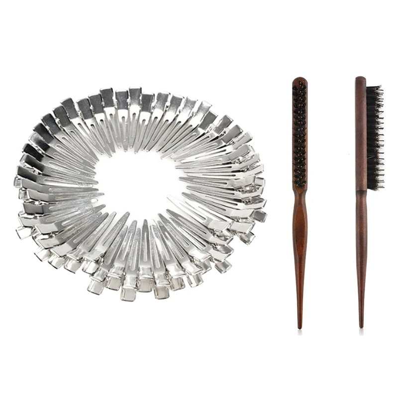 

51 Pcs Accessories: 50 Pcs 45Mm Hair Clips Girl Hair Bows Single Prong Alligator Clips & 1 Pcs Wood Handle Natural Boar Bristle