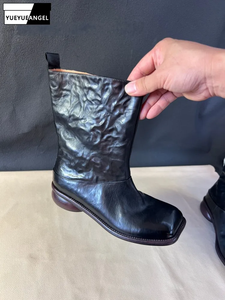 Vintage Style Women Cowhide Genuine Leather Boots Slip On Solid Color Square Toe Chelsea Short Boots Lady Casual Handmade Shoes