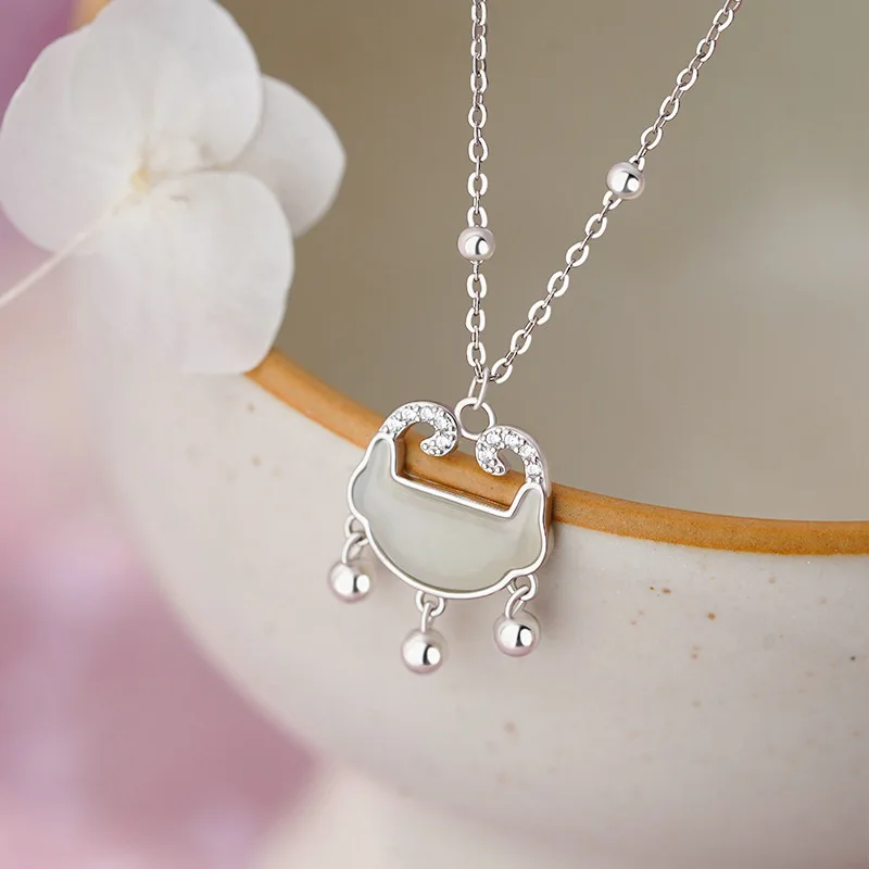 

Silender Lches из чистого серебра S999, безопасный замок и нефритовое ожерелье Tian, прозрачный и элегантный замок долговечности, нежная цепочка на ключицу