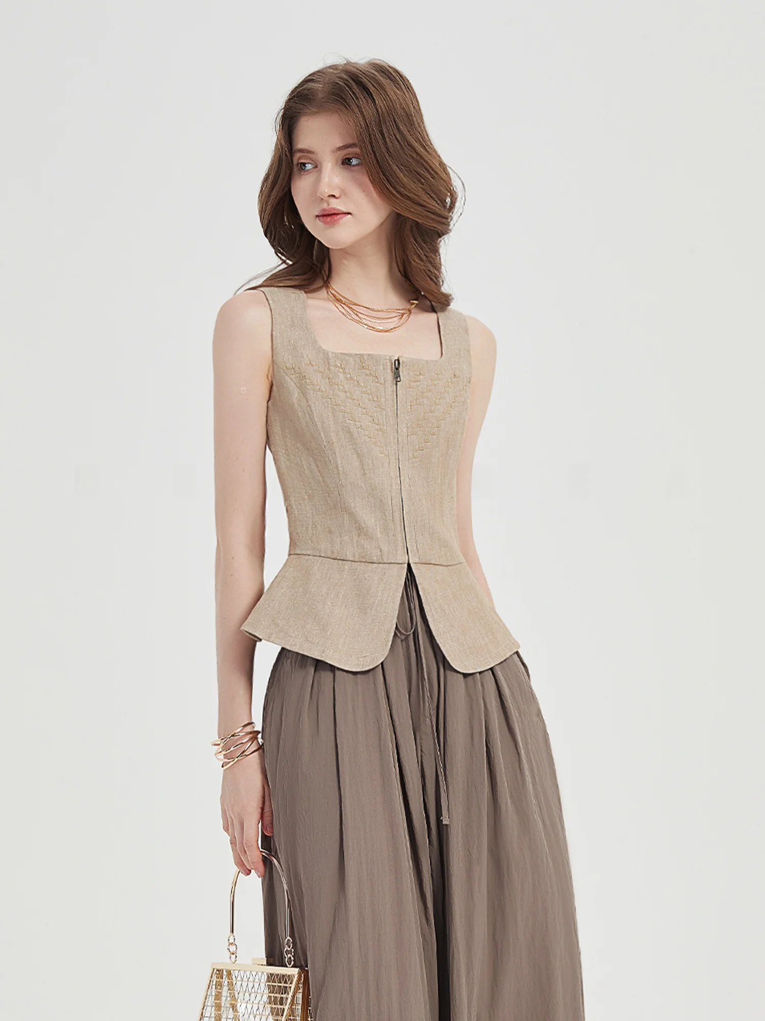 

Lightweight ort Vest Women's Embroidered Zipper Waist Cinching Square Collar round Hem Cotton Blend Summer Commute Sle