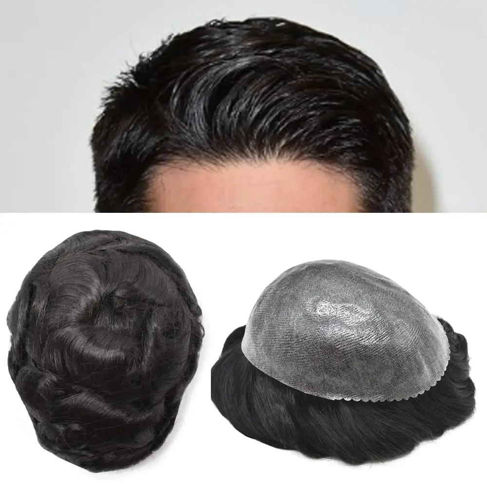 Alimice-Toupee Base PU para homens, cabelo humano real, pele fina, peruca masculina, sistema de substituição capilar