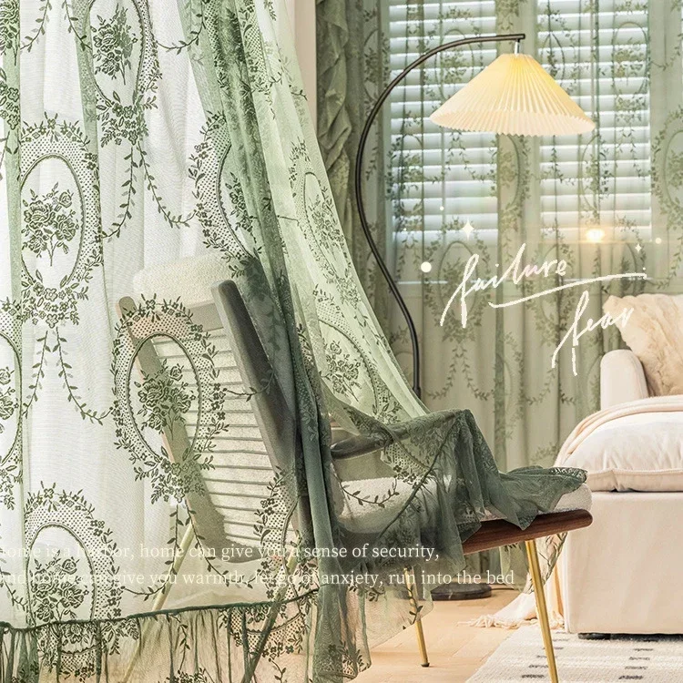 Transparenter Vorhang mit grüner Blumenstickerei im Vintage-Stil, romantische gekräuselte Spitze, Voile-Fenstervorhänge für Schlafzimmer, Küche, Fensterbehandlung