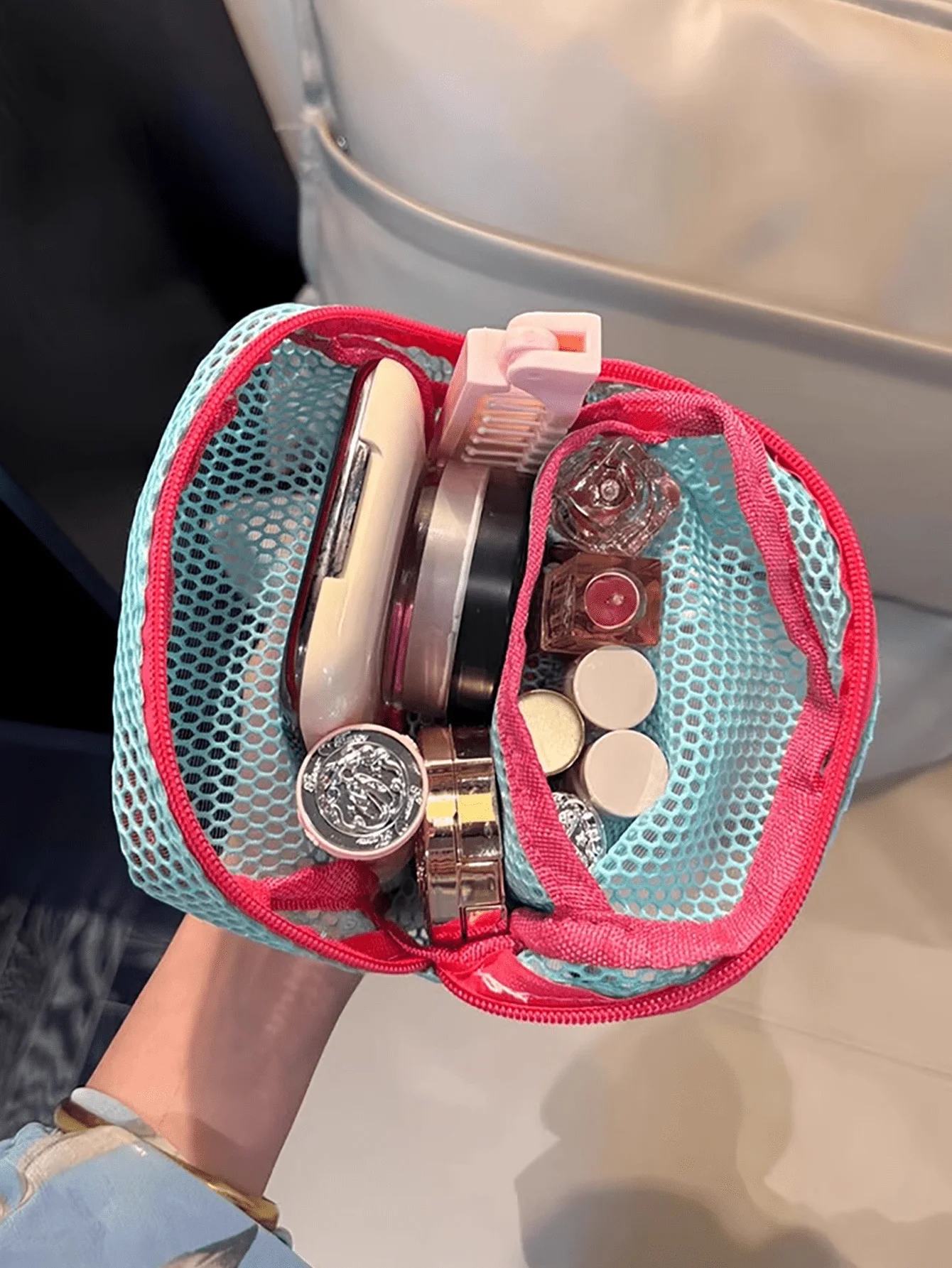 Breathable Mesh Cosmetic Bag Dopamine Color Matching Portable Travel Storage Bag Lipstick Makeup Coin Purse Adjustable Shoulder Strap Women Birthday Gift