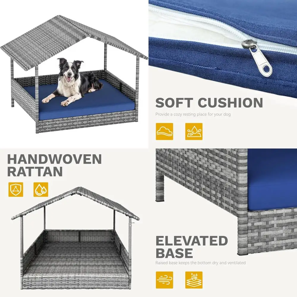 

Large Wicker Dog House with Canopy, Indoor Outdoor Pet Shelter, Cushioned Raised Bed for Small to Medium Dogs, Rattan Design