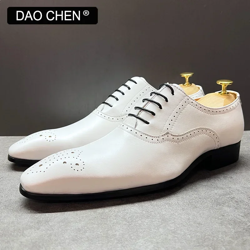Zapatos de OXFORD italianos para hombre, vestido de lujo con cordones en BROGUE blanco y negro, zapatos de boda de negocios para oficina para