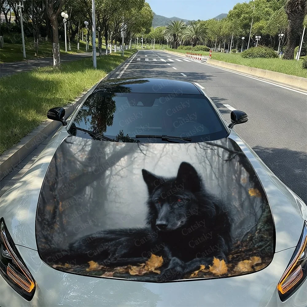 Black Wolf Unique Car Hood Sticker PVC Self Waterproof Stick,Striking Auto Exterior Accessories Decor Protect Gift for Car Lover