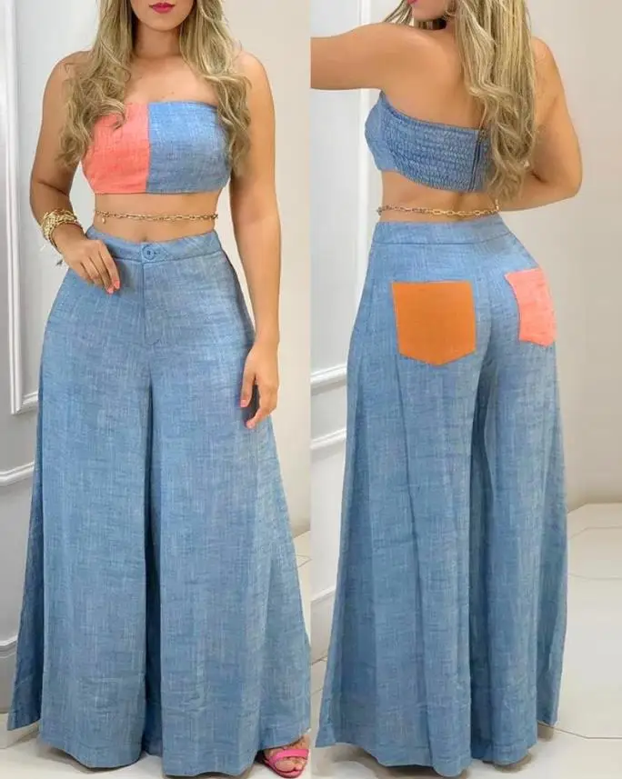 

2Pcs Women's Two Piece Set Colorblock Bandeau Shirring Chest Wrap Top and Wide Leg Pants Set Straight Across Daily Pants Sets