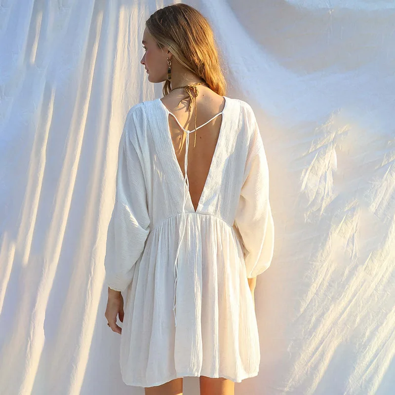 White Long Sleeve Bikini Cover-ups Summer 2025 Women Sexy Backless Short High Waist Holiday Beach Wear Swim Suit Cover Up