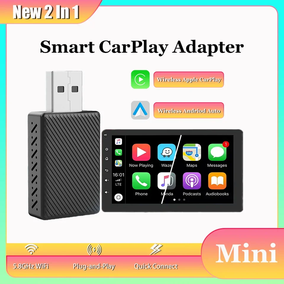 

NEW CarPlay & Android Auto 2in1 Wireless Adapter Smart Mini Box Plug & Play WiFi BT Quick Connect Suitable for Nissan VW Volvo