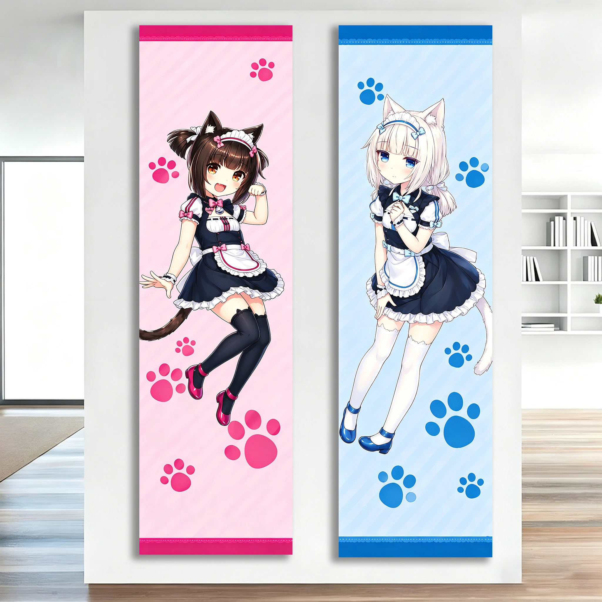 1PC Nekopara Chocola & Vanilla Vertical Long Tapestry, Cat Ear Maid Anime Girl Wall Hanging Banner, Pink Blue Paw Print