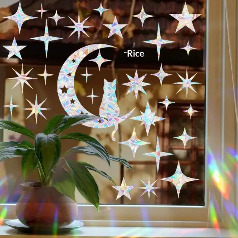 C 1set new Rainbow Maker Sun Catcher Wall Stickers Cat Bird Star Mushroom Moon Sun DIY Window Glass Electrostatic Prisms Sticker