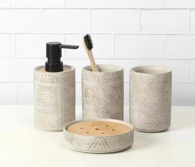 3-Piece Textured Bathroom Accessories Set - Boho Vanity Organizer