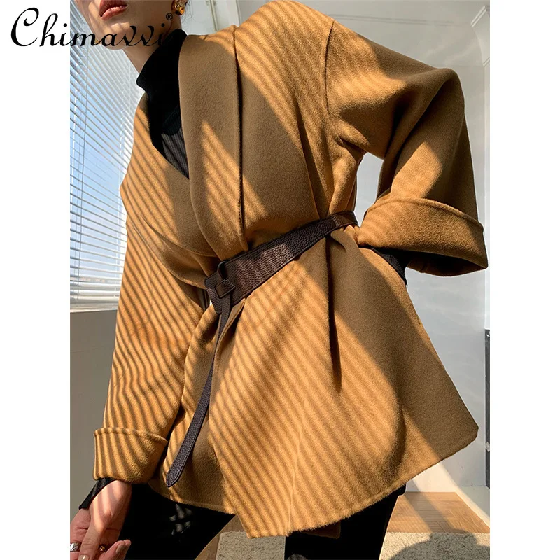 

High-End Fashion Cloak Double-Sided Coat Women Autumn Winter New Loose Short Elegant Long Sleeve Waist-Tight Camel Woolen Coat