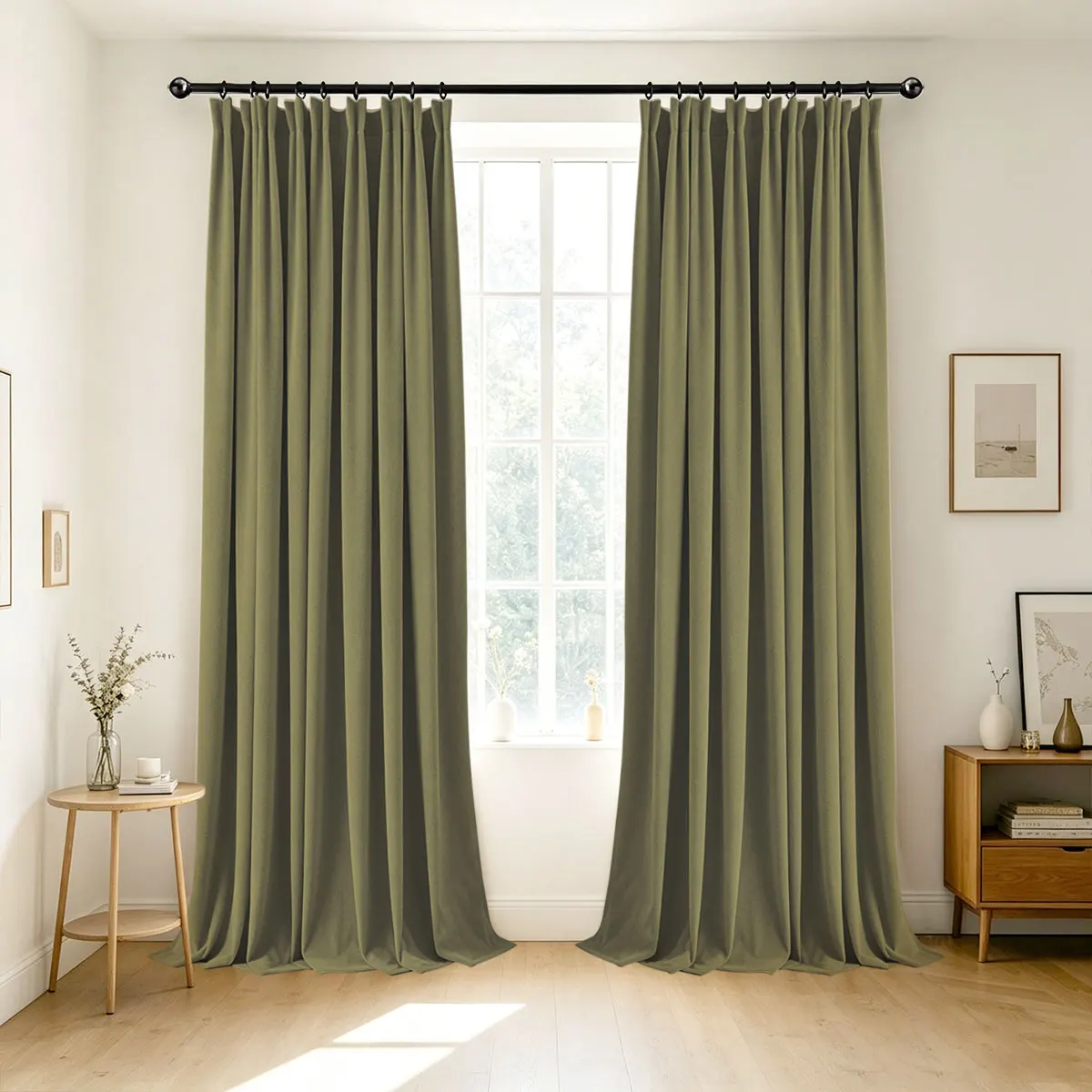 Olive Green Velvet Blackout Curtains 2‑Pack, Pinch Pleat Hook Top Drapes for Bedroom Living Room Home Decor