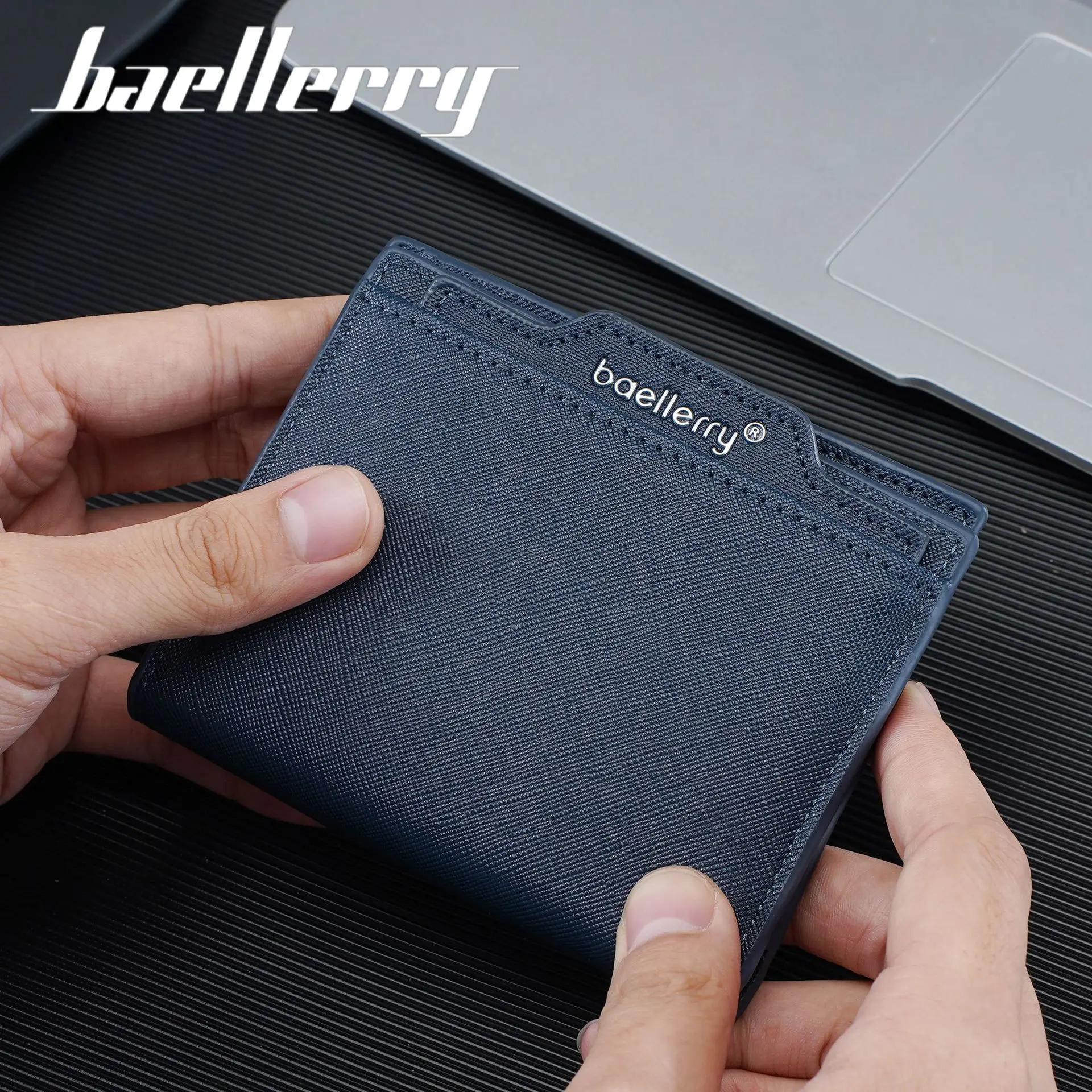 Baellerry Slim Bifold Men Wallet Cross Texture PU Leather Multi Card Slots Mini Credit Card Holder Portable Pocket Purse For Bus