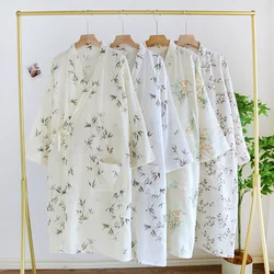 Spring Cotton Crepe Pajamas Double-layer Gauze Bathrobes for Women Bamboo Print Home Clothing Long Sleeve Japanese Kimono Robe