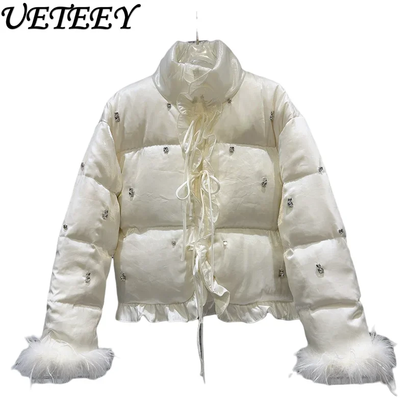 Stand-up Collar Long-sleeved Versatile Feather Splicing Short Cotton Coat Winter New Sweet Nail Drill Strap Warm Down Jacket