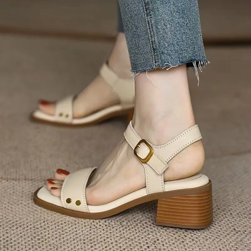 Women Apricot Sandals Handmade Vintage Square Toe Buckle Shoes New PU Leather Ladies Summer Beach Casual Pumps Women\'s Sandals