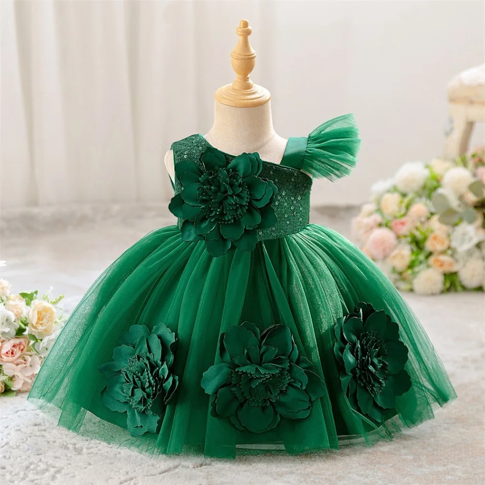Baby Girls Pink One Shoulder Sequin Gown Large 3D Flower Tulle Skirt Baptism Birthday Ceremony Girl Party Flower Dress ASQ03
