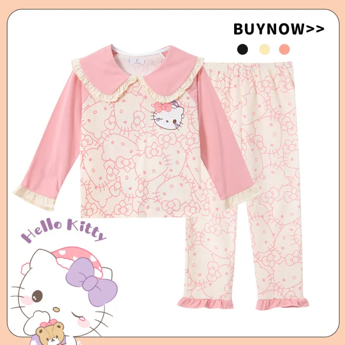 Sweet Sanrio Girls Pajama Sets Loose Lovable Cartoon Print Soft Comfortable Gal Nighdress Suit Lace Collar Breathable Homewear