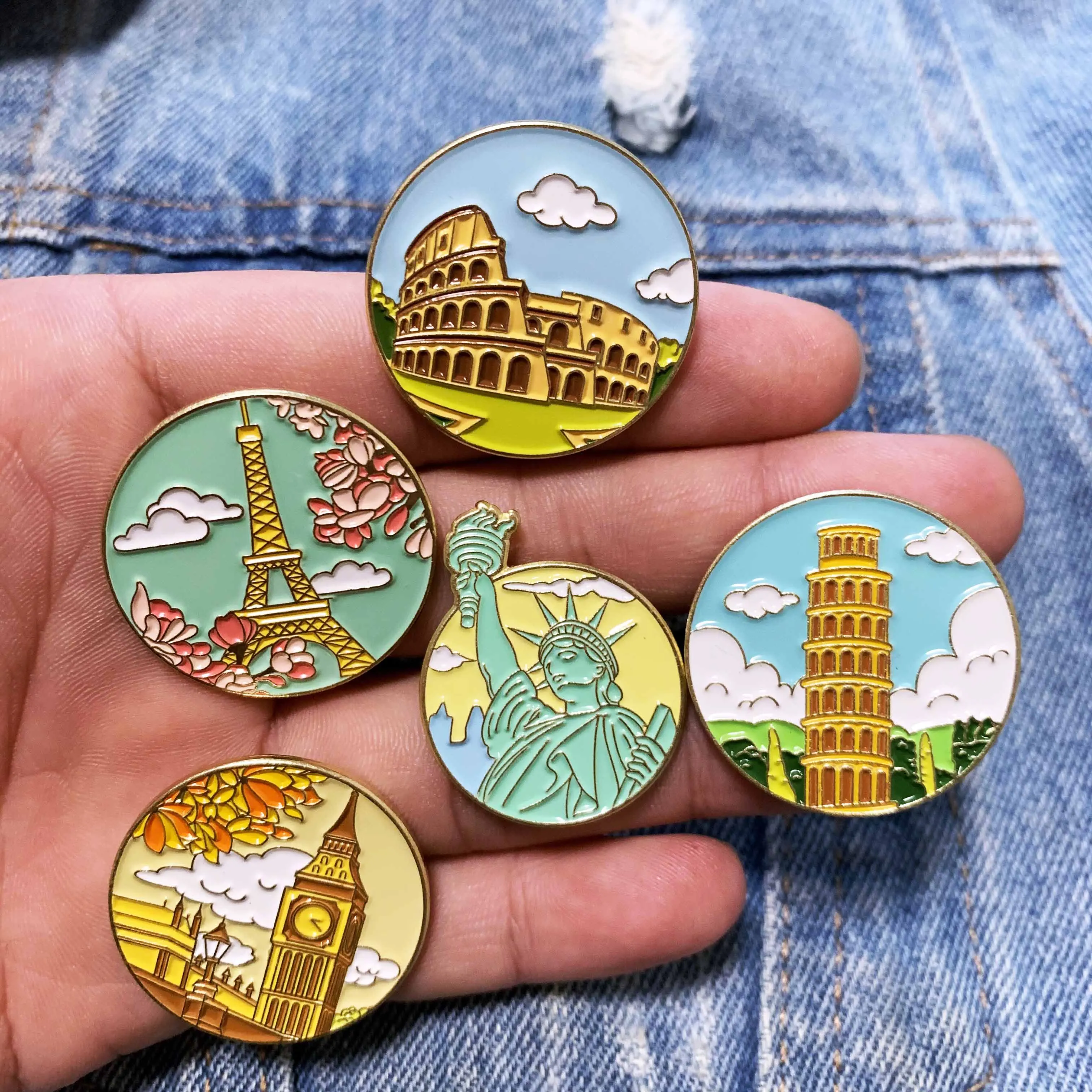 Famous Building Enamel Pins Liberty Eiffel Tower Big Ben Colosseum Tower Pisa Brooches Lapel Badges Landmark Jewelry Gift