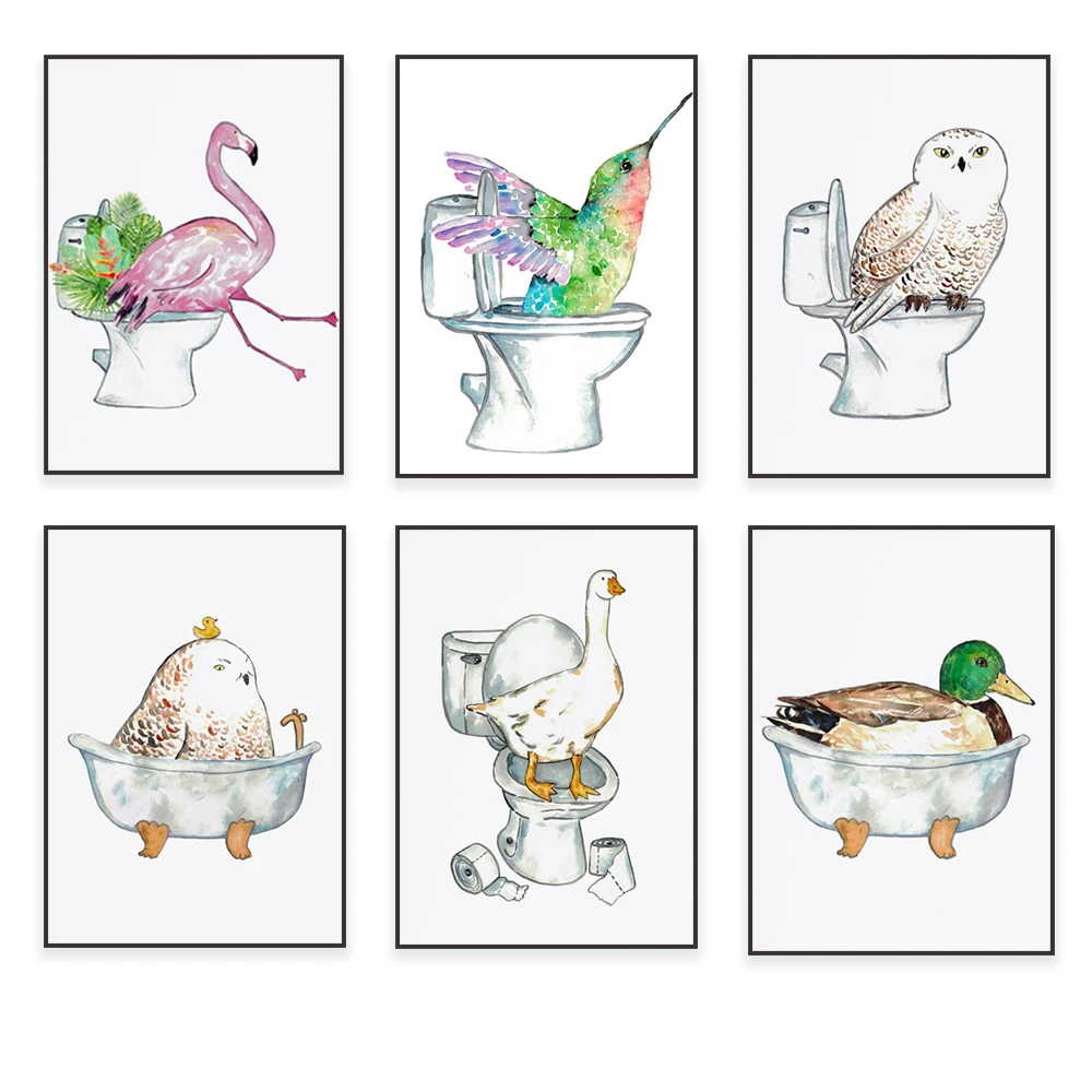 Bald eagle, snowy owl, goose, budgie bathroom toilet wall poster watercolor art print, pet painting bathroom tub toilet decor