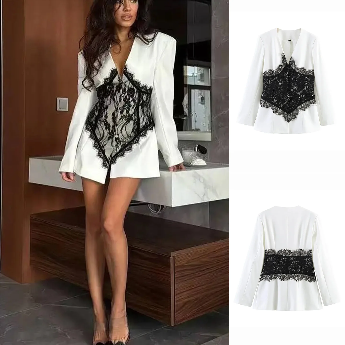 

Summer New Women's Commuter Style V-Neck Long Sleeve Slimming Color Block Lace Patchwork Suit Jacket Flattering Waistline