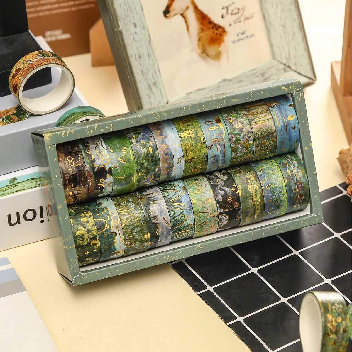 20 Rolls/Box Vintage Oil Painting Style Washi Tape, Floral Landscape Patterns, DIY Scrapbook Gift Wrapping Decorative Materials