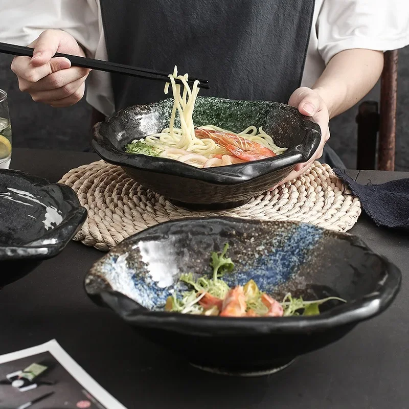 LingAo-Cuenco de cerámica japonés para ramen, cuenco para sopa, ensaladera de frutas, vajilla para restaurante en casa