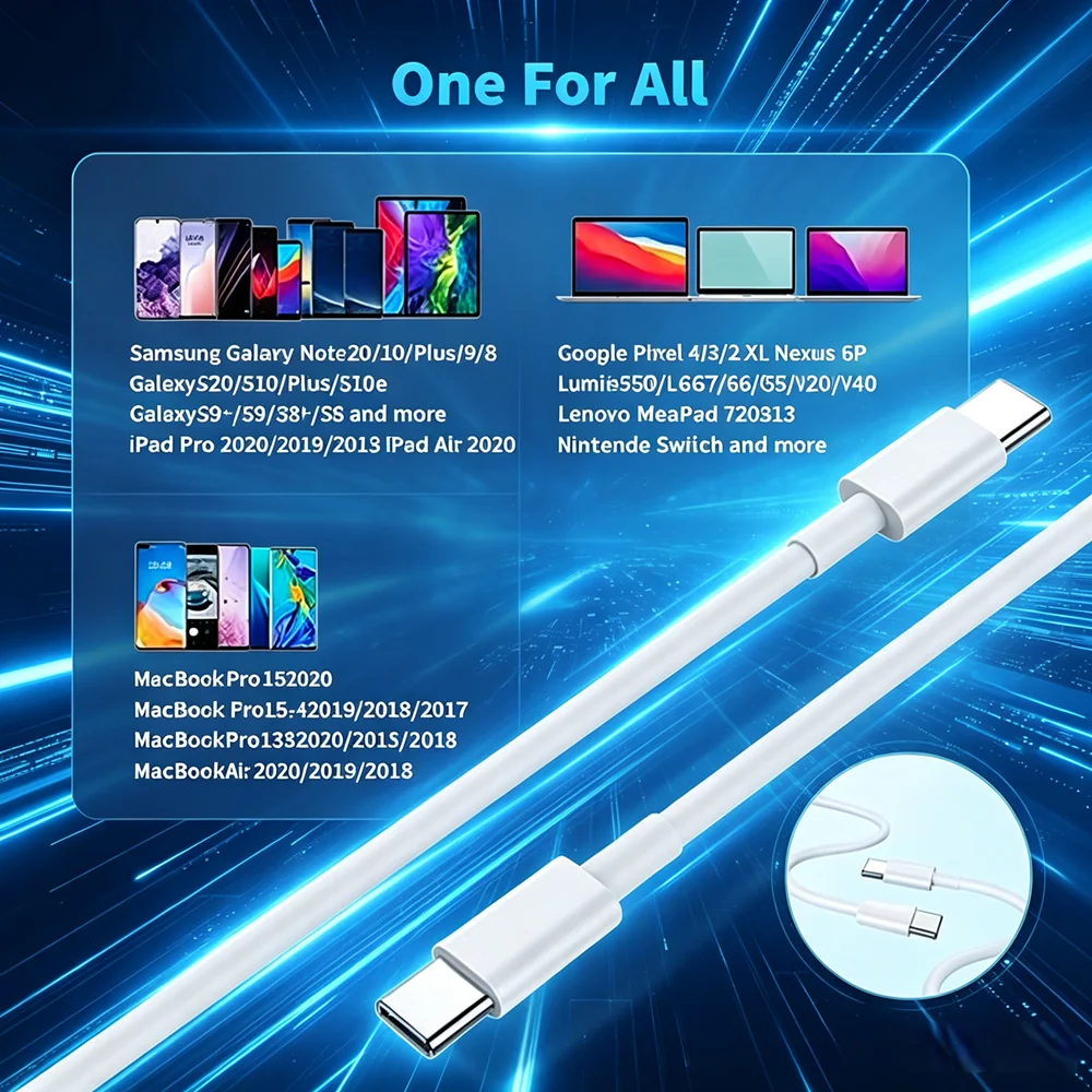 1Pack 2M USB-C to USB-C Fast Charging Cord, Dual Type-C Data Cable for Mobile Phone Tablet Car Use & Charging Data Sync