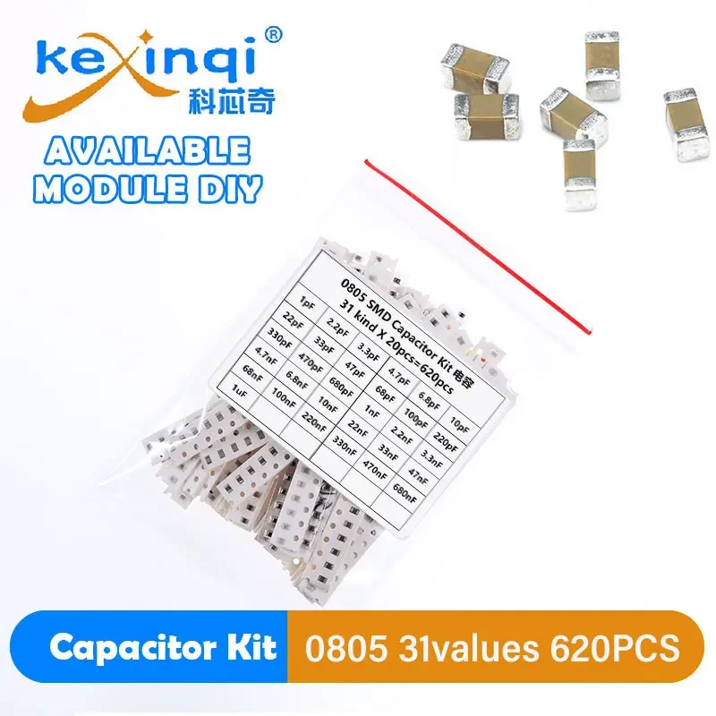 620pcs (31kind*20pcs) 0805 SMD Capacitor Assorted Kit 1PF~1UF Electronic Component Capacitance Package Samples DIY