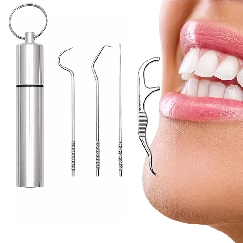 Palillo de dientes de acero inoxidable, hilo Dental, limpieza de dientes, eliminador de sarro, herramientas de higiene bucal portátiles reutilizables, Kit de cuidado bucal, 4 Uds.