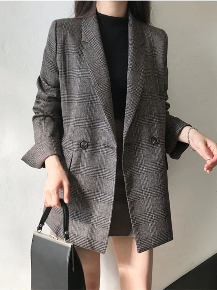 Colorfaith-chaquetas formales a cuadros para mujer, chaquetas con bolsillos de doble botonadura, prendas de vestir exteriores para invierno y