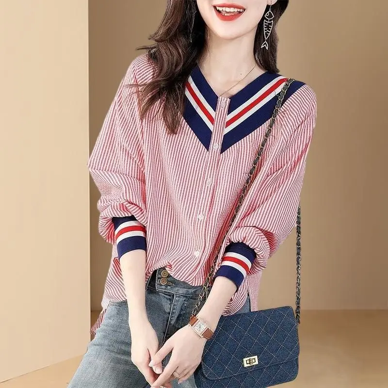 Women\'s Autumn Korean New V-neck Chiffon Shirt Fashion Design Stripe Contrast Buttons Plicing Loose Versatile Mid Length Tops