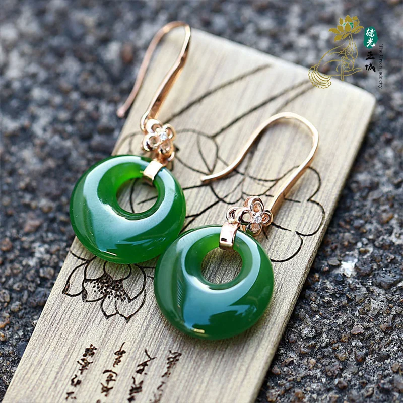 

Natural Hetian Jade Earrings with Ancient Gold Inlay, Hetian Jade Earrings, Jade Peace Buckle Earrings, Jade Stud Earrings for W