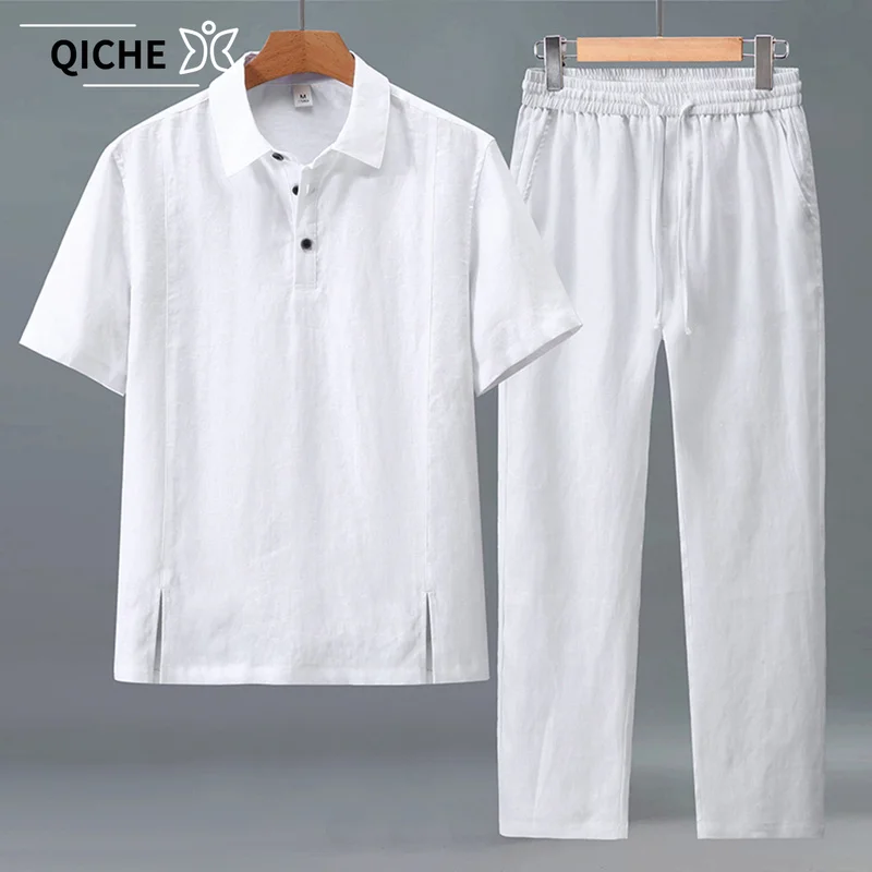 QICHE Men Linen Outfit Summer Short Sleeve Polo Shirt & Long Pants Loose Thin Linen Casual Two Piece Set