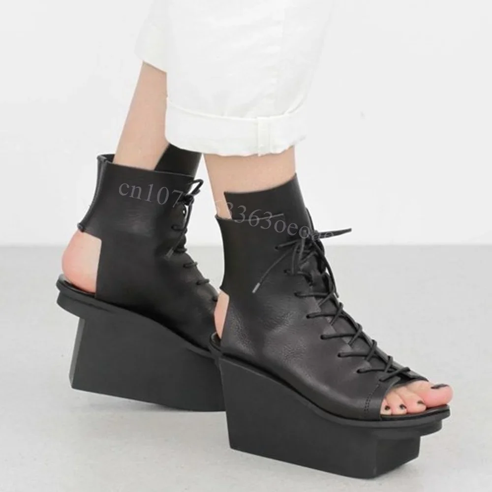 

Сексуальные черные туфли-лодочки с открытым носком и перекрестными завязками из матовой кожи для женщин, на платформе, с вырезами, модные, 2025, Zapatos Para Mujere