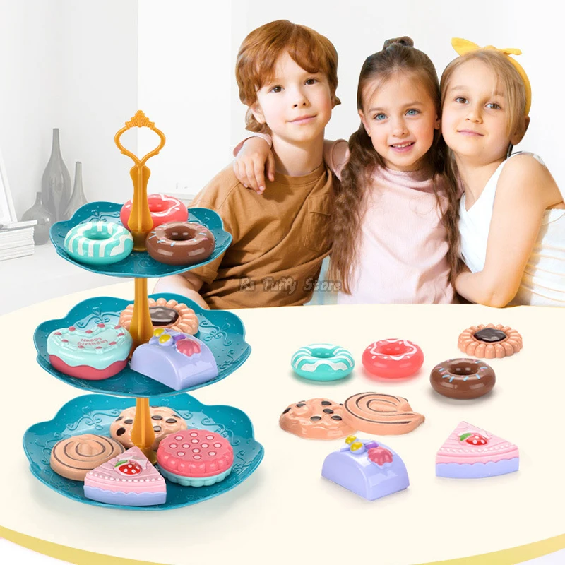 Kids Kitchen Toy Set Girls Pretend Play Afternoon Tea Dessert Tower Cookies Cake DIY Combination Children Simulation Food Toys