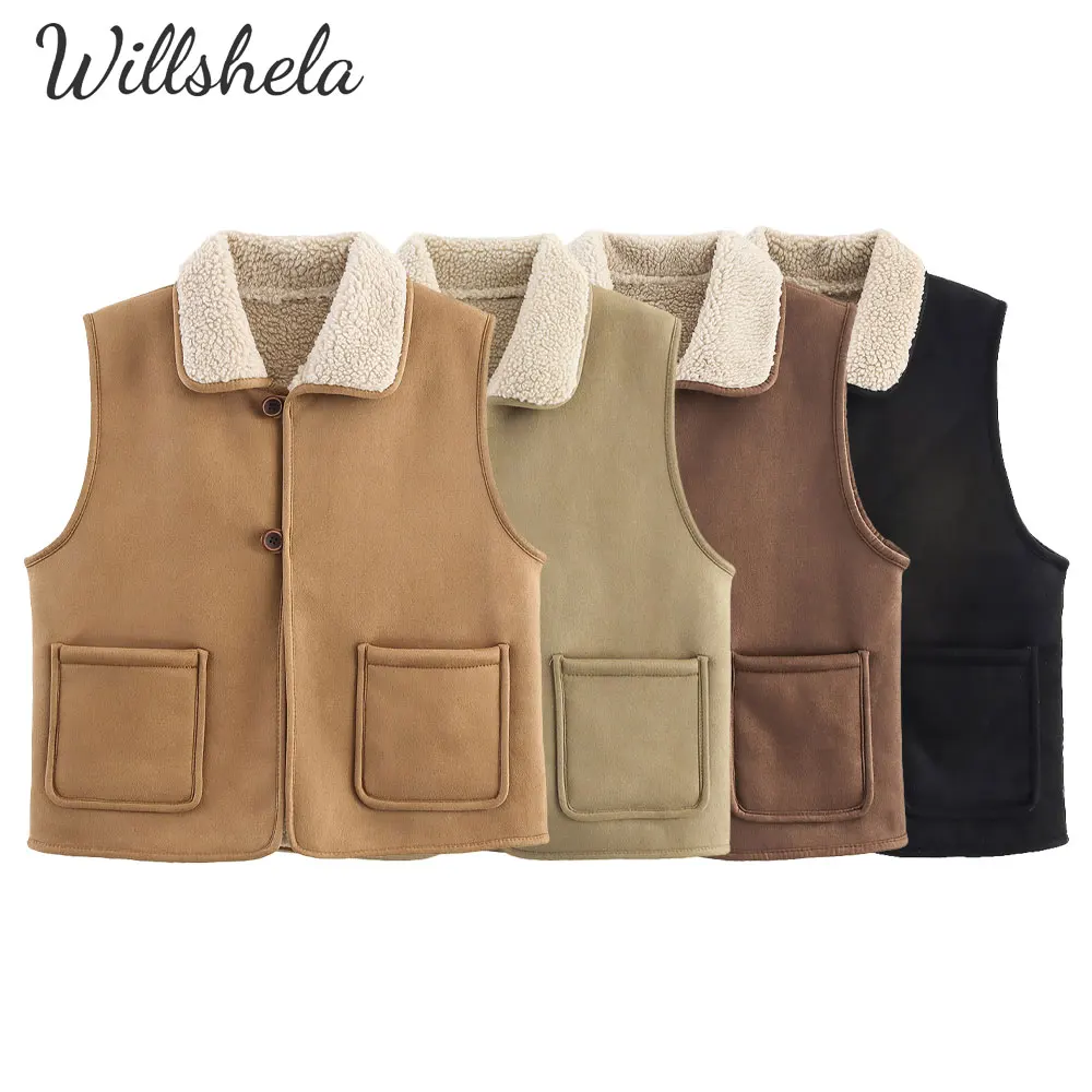 

Willshela женская модная однотонная зимняя теплая куртка жилет без рукавов с воротником с лацканами женские шикарные женские повседневные флисовые майки