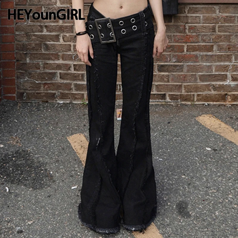 HEYounGIRL gotische stijl brede tailleband flare jeans High Street Y2K retro mode denim broek zwarte casual punk bootcut broek