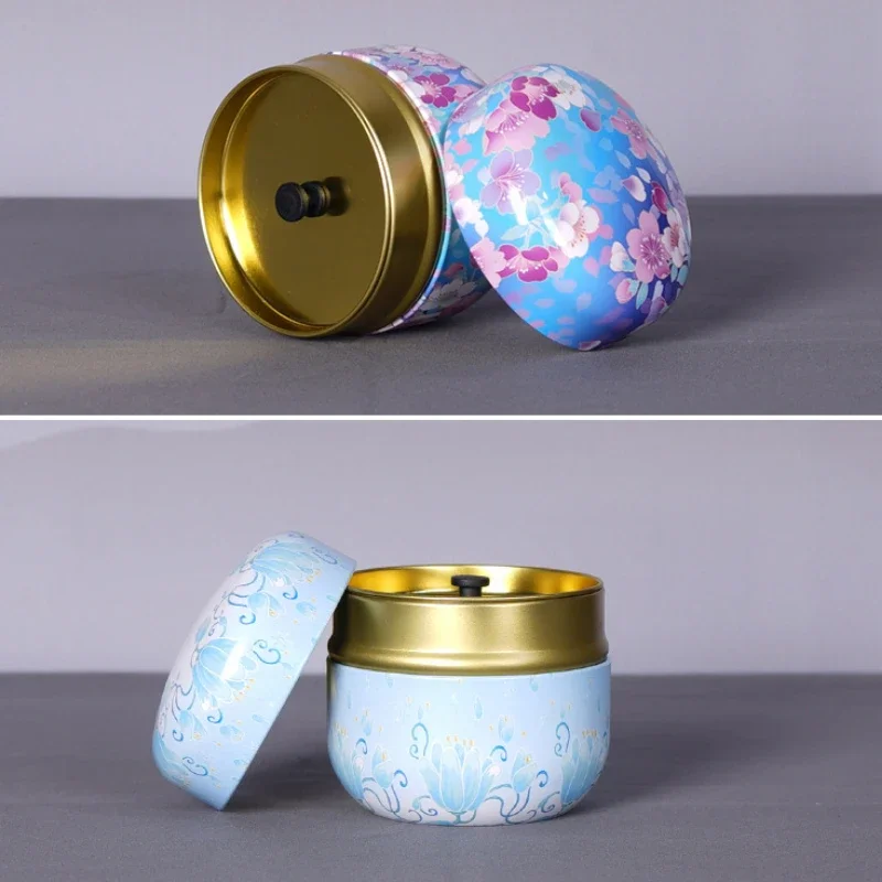 Tea Box  Tinplate Caddy Household Portable Sealed Tea Packaging Box  Japanese Style Flower Tea Round Small Tin Containers