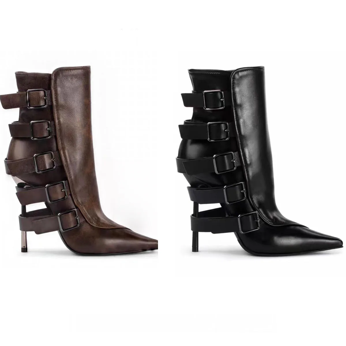 Vintage Brown Black Leather Buckle Strap Fasten Heels Ankle Boots Pointed Toe High Heel Woman Short Boots