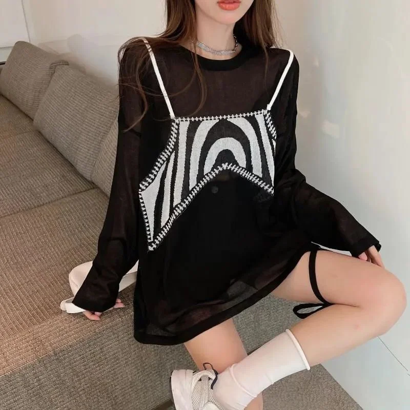 

Женская корейская свободная футболка размера плюс 300 Pou Long Sve, защита от солнца в стиле пэчворк, искусственный топ из двух предметов Pure Desire