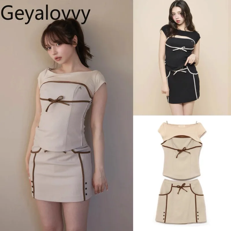 

Summer Japanese Style Sweet Girls Bow Suspender and Outerwear Crop Tops High Waist Short Hip Skirt and Blouse Three-piece Set