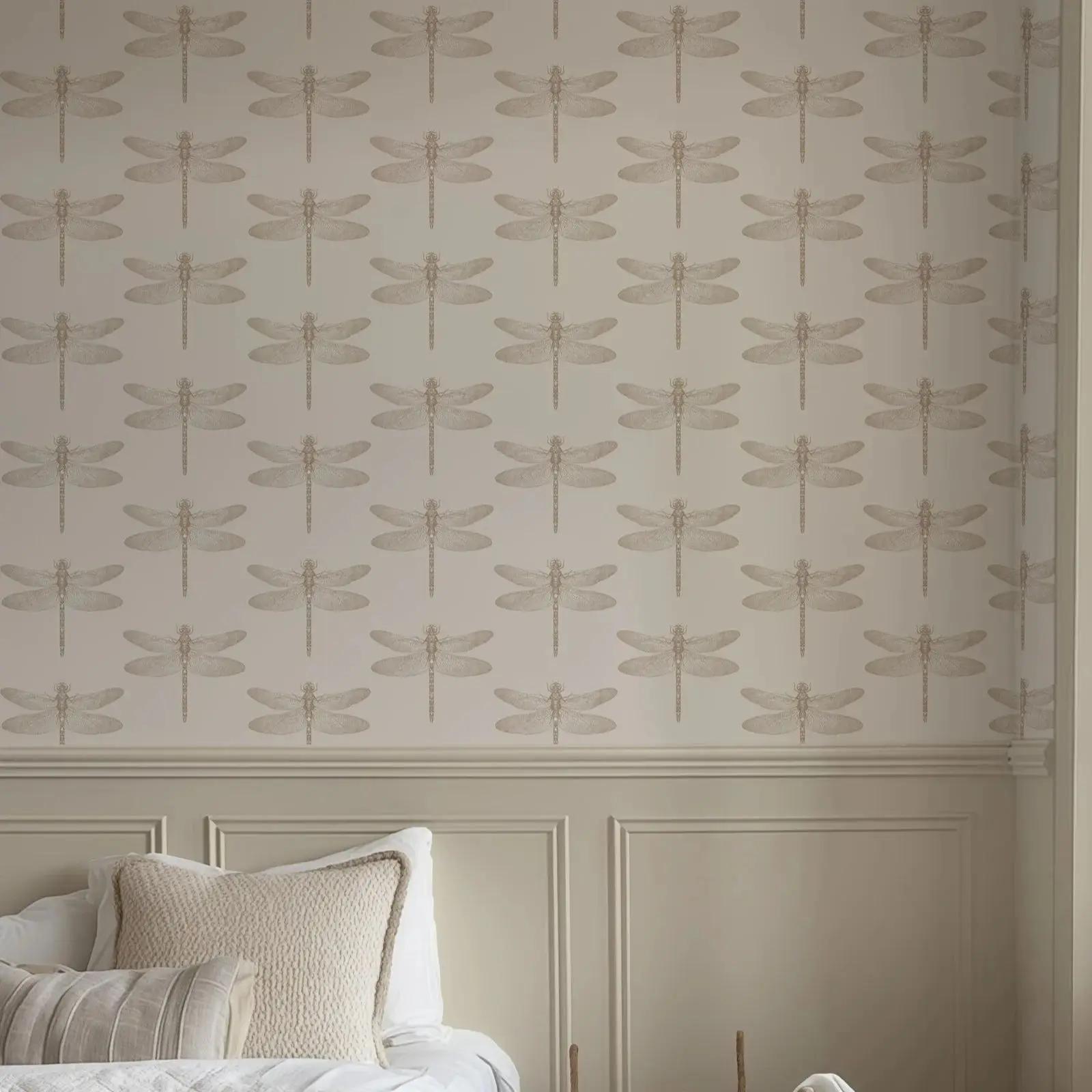 Dragonfly Peel and Stick Removable Wallpaper In Beige, Botanical Neutral Beige Self Ad-hesive Wallpaper,Or Traditional Unpasted