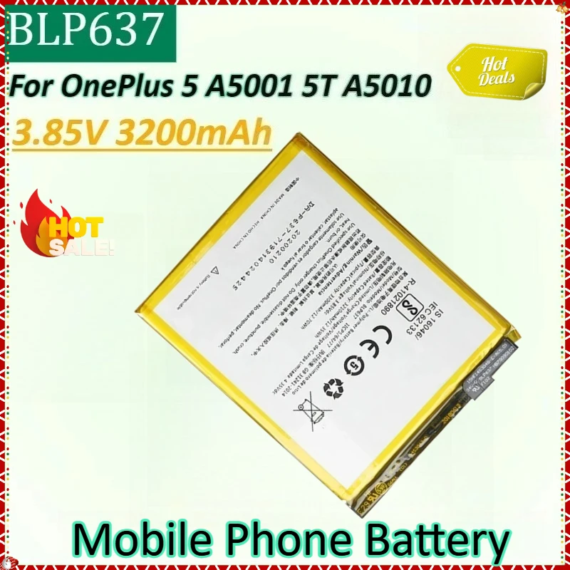 

Новый аккумулятор для мобильного телефона BLP637 3,85 В, 3200 мАч для OnePlus 5 A5001 One Plus 5T A5010, сменный аккумулятор большой емкости для телефона