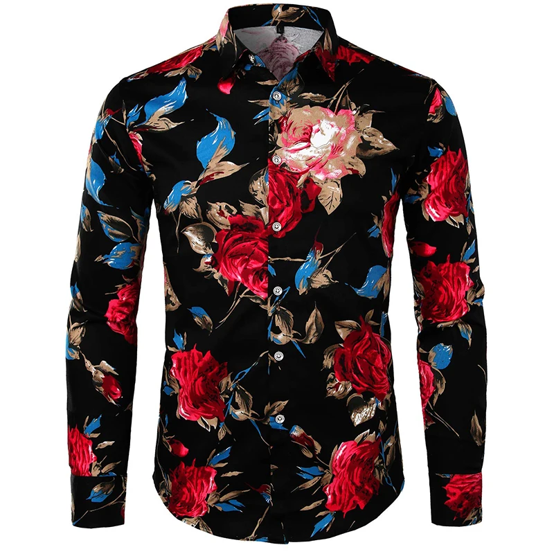 Men's Hipster Retro Rose Floral Graphic Shirts Full Printed Casual Slim Fit Long Sleeve Streth Shirt For Men Button Up Blouse