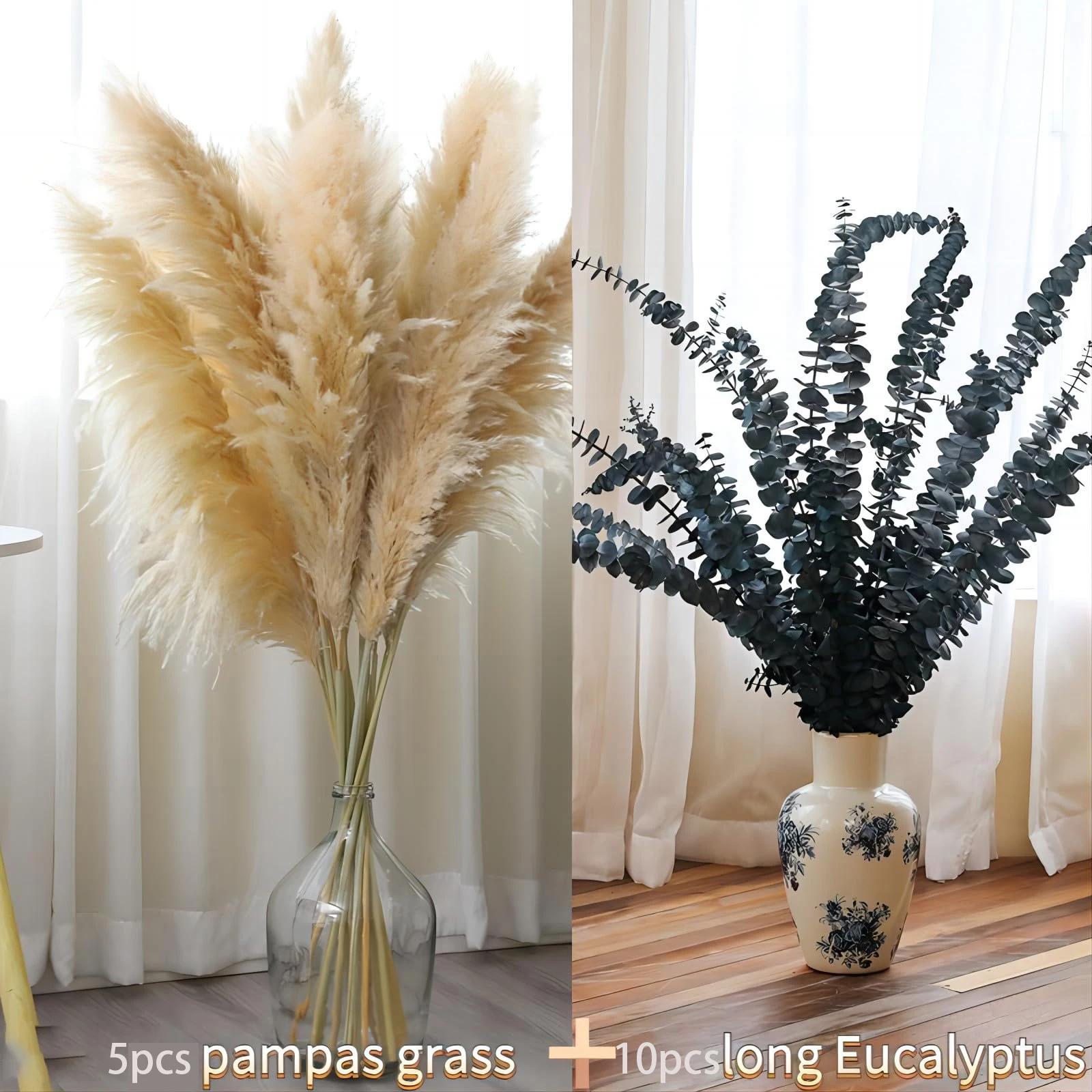 

Natural Large Pampas Grass Decor, Tall Bouquet with Dried Eucalyptus, Perfect for Wedding Party,Farmhouse,Boho Home Decor, 15Pcs